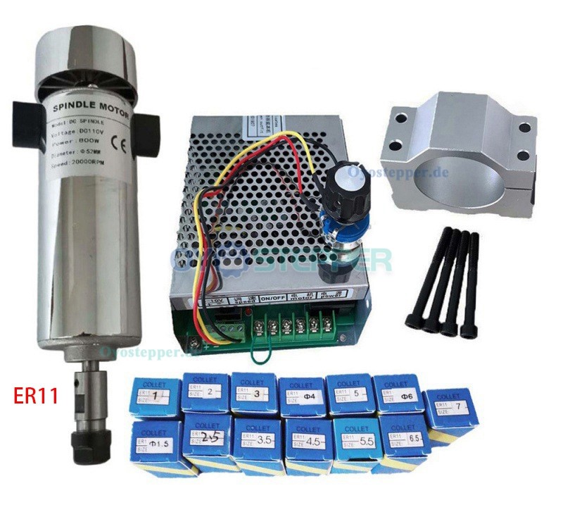 Luftgek&uuml;hltes CNC Spindelmotor Set 800W 0,79Nm &Oslash;52mm mit Netzteil und 13 ER11 bzw. 10 ER16 Spannzangen